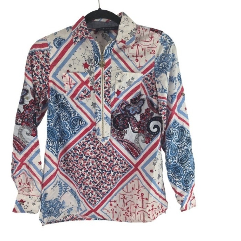 Tommy Hilfiger Womens XS Patchwork Zip Front Blouse Paisley Stars Patriotic